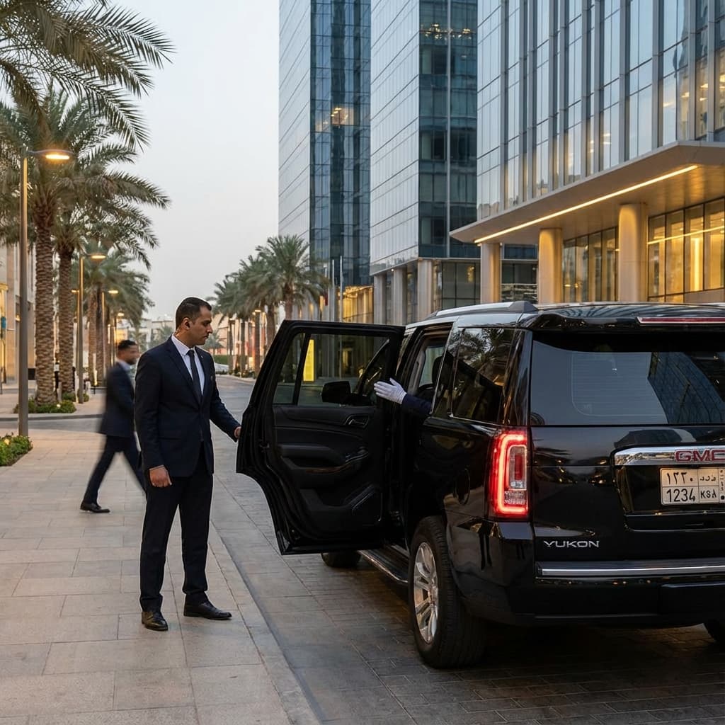 Professional English-speaking chauffeur opening the car door in Saudi Arabia