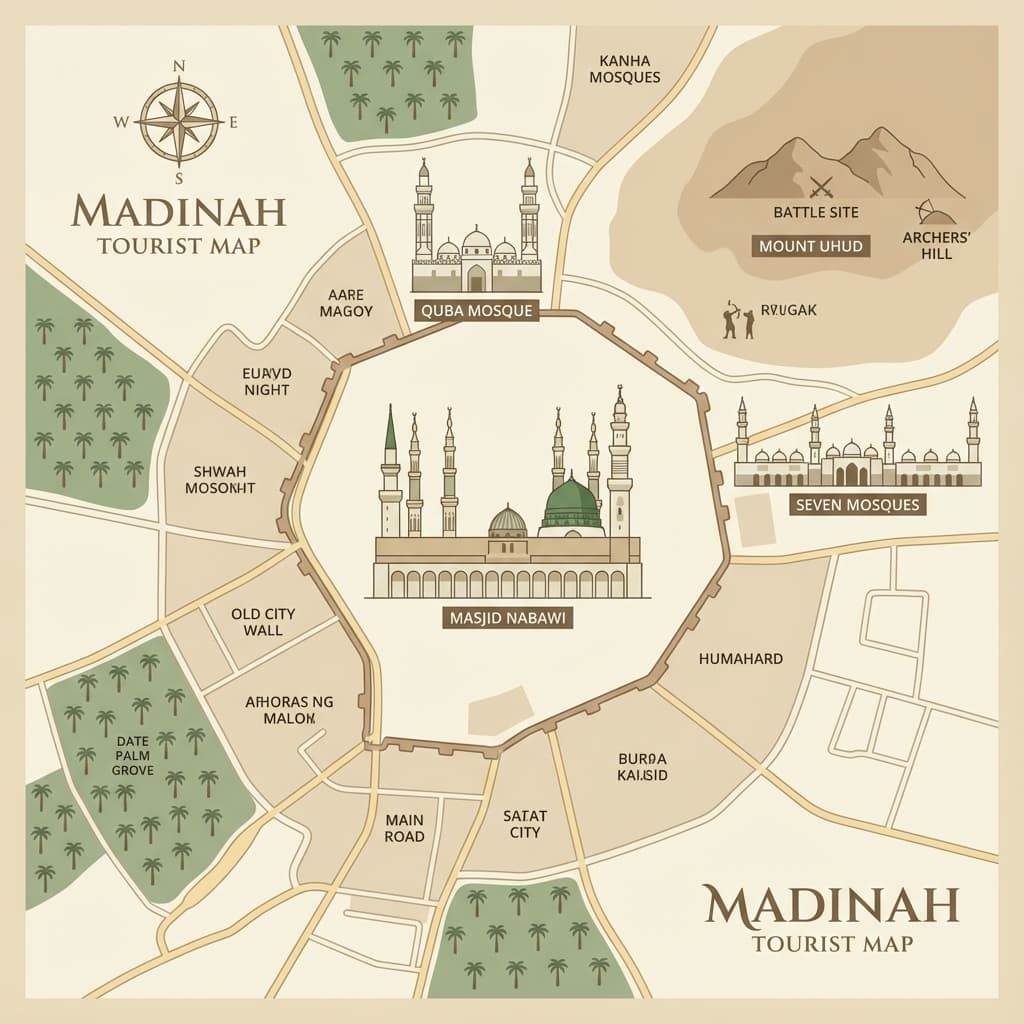Map of Ziyarat locations in Madinah including Quba and Uhud